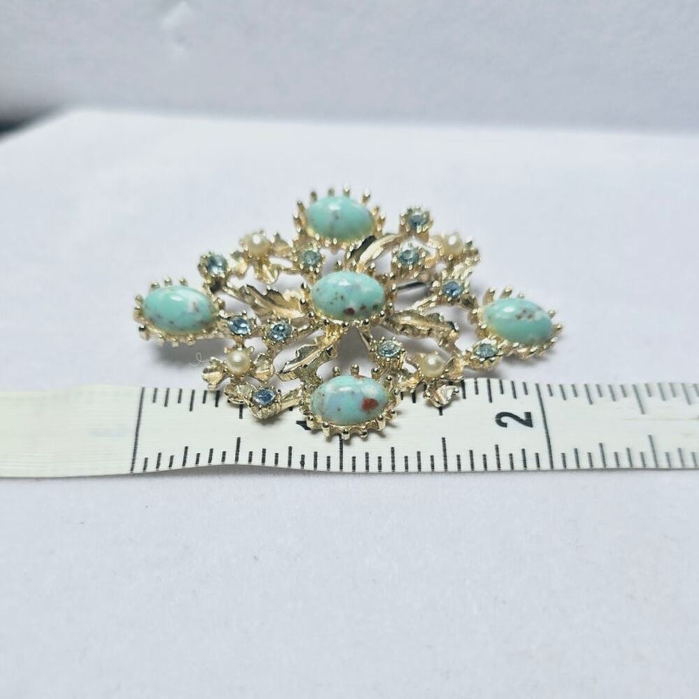 Turquoise Cabochon Floral Cluster Gold Brooch Blue Rhinestone Classic Elegance - Picture 6 of 6